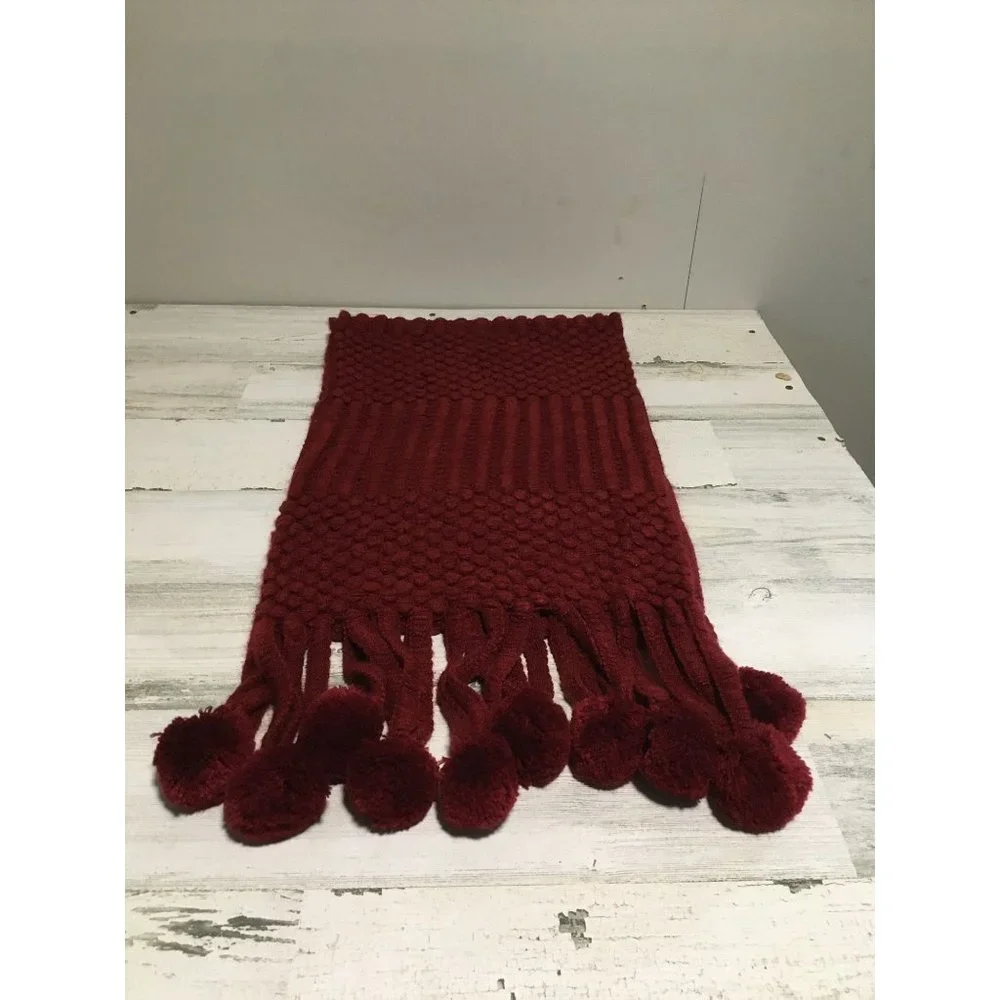 Burgundy 10.5”x72” scarf with pompom tassels